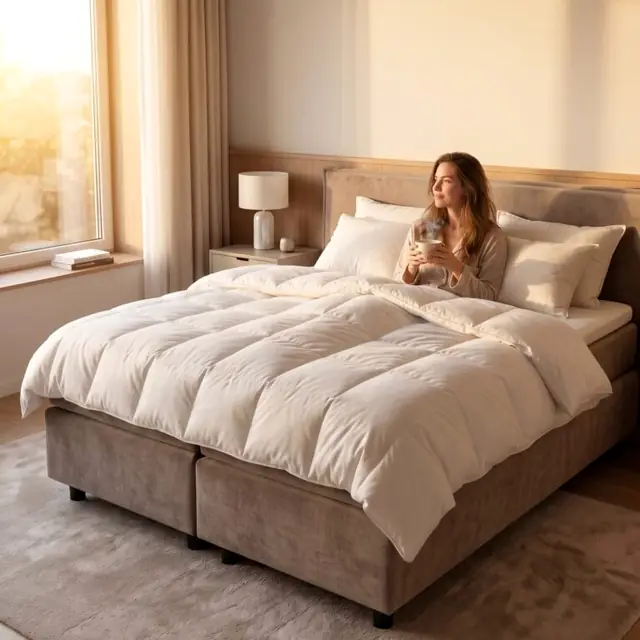 Boxspring Halo in taupe met wit dekbed, vrouw zit rechtop met een kop thee