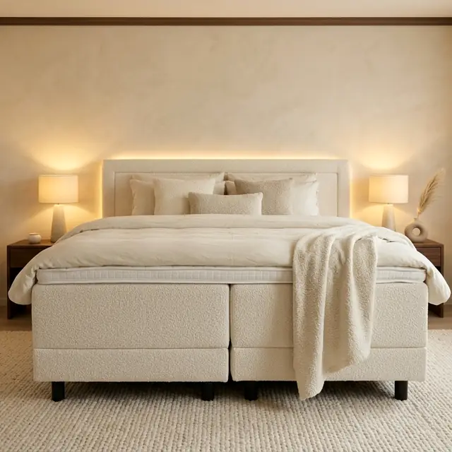 Boxspring Mizar in crème bouclé met sfeerlicht achter het hoofdbord