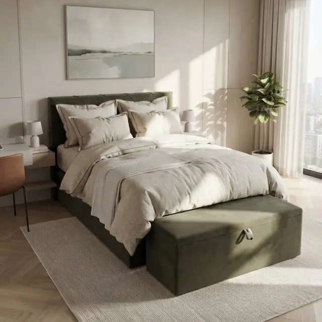 Boxspring Pulsar in olijfgroen met bijpassende opbergbank aan het voeteneind