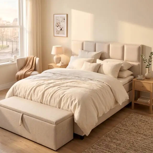 Boxspring Spectralux in zandkleur met paneelhoofdbord en opbergbank