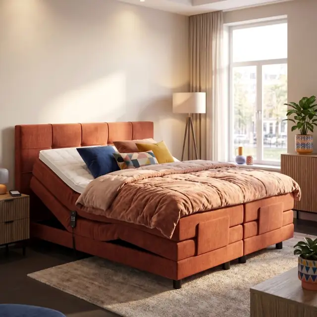 Elektrisch verstelbare boxspring Venus in roestbruine stof met getuft hoofdbord